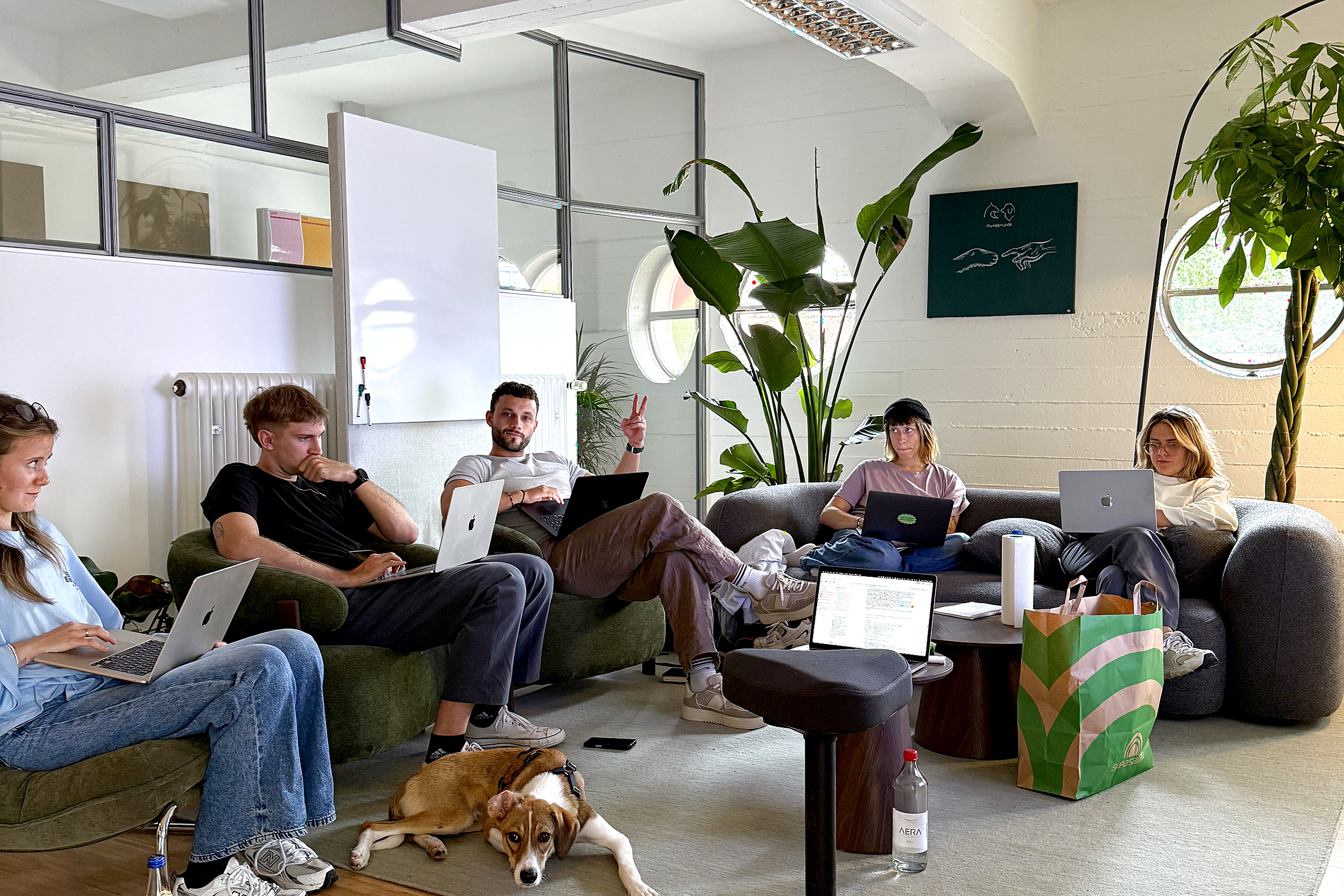 Fünf Personen arbeiten bei Hunderunde mit Laptops auf Sofas und Sesseln, während der Hund auf dem Teppich liegt.